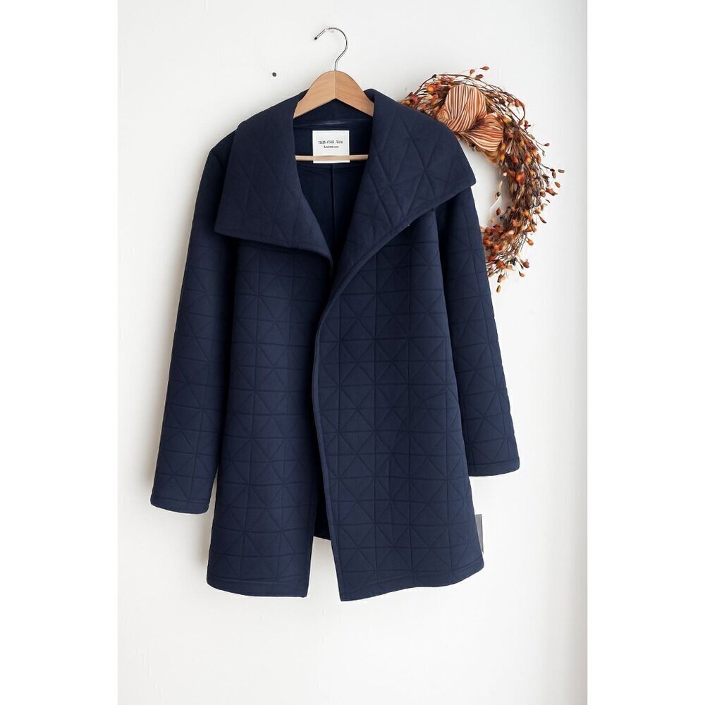Bagatelle Womens Quilted Jacket Open Front Draped Collar SMALL in Navy Blue